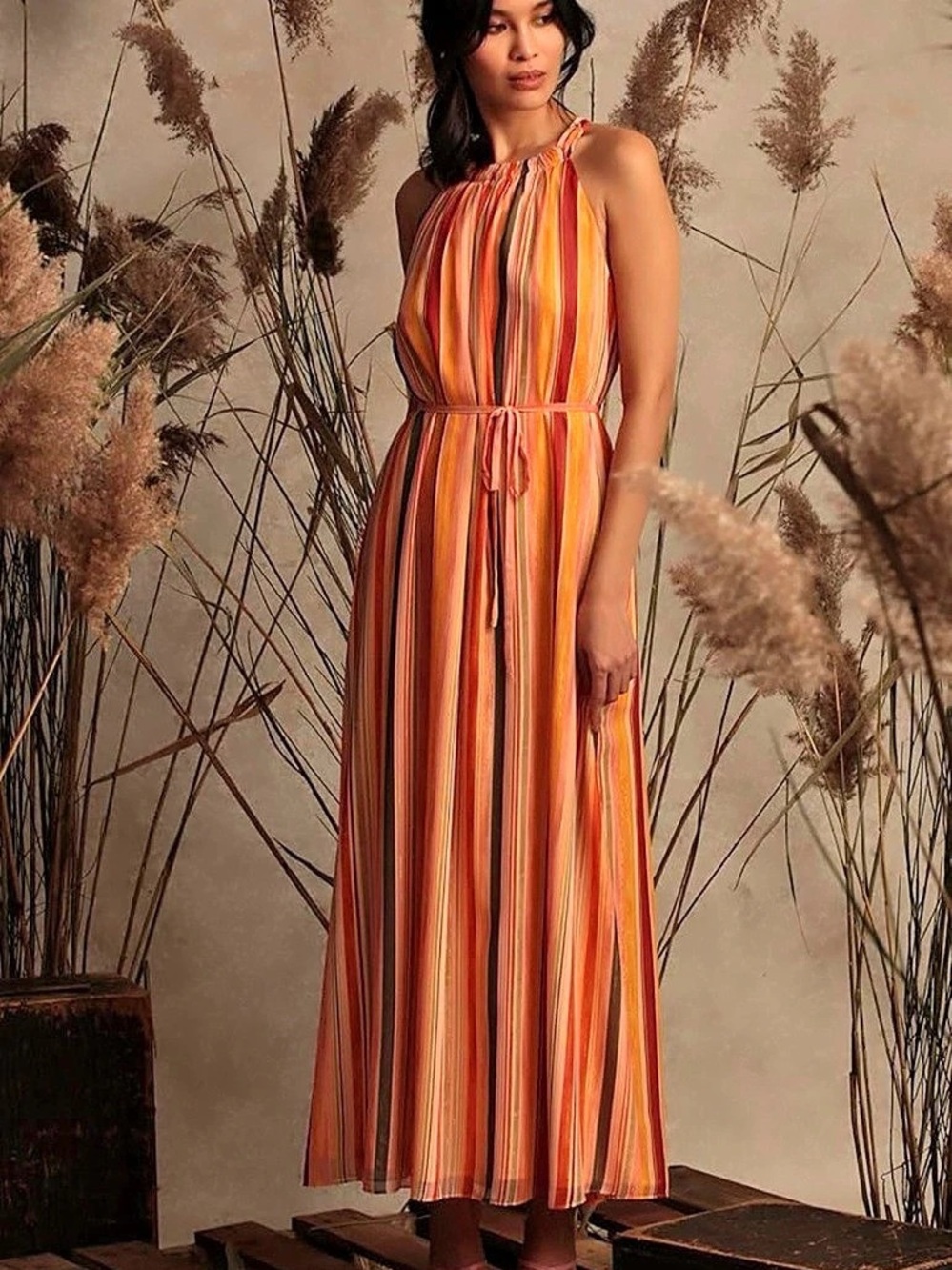 Maggy London Womens Women's Irregular Stripe Printed Halter Maxi